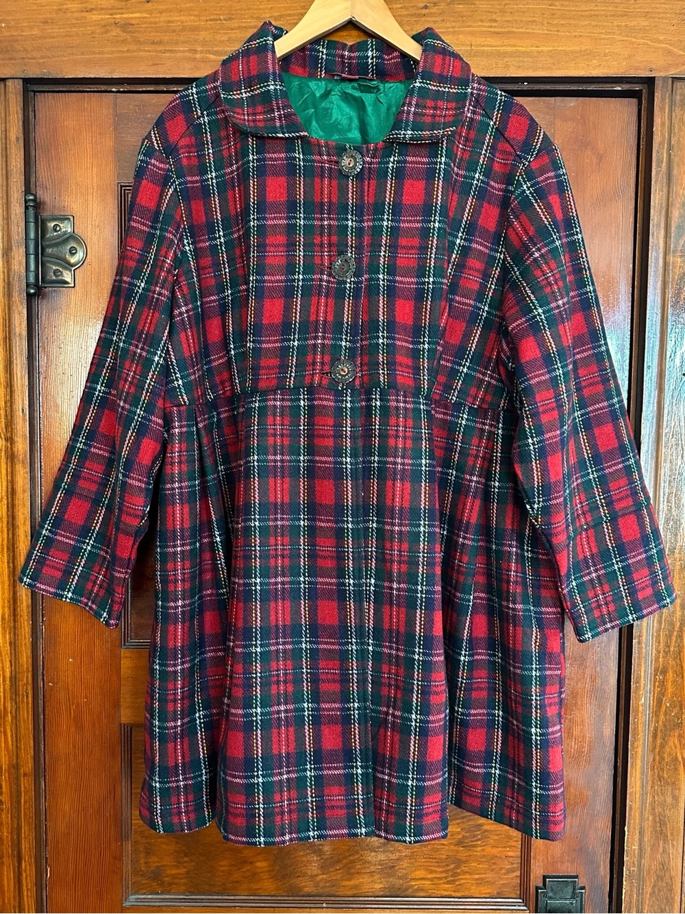 April Cornell Red Green Plaid Tartan 3-Button Wool Blend Swing Coat Size 4X